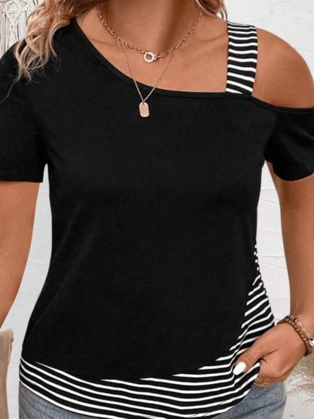 SHEIN Curve Black Asymmetric Stripe Short Sleeve Top Blouse 1XL Plus